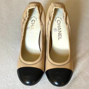 CHANEL beige and black two tone with cap toe